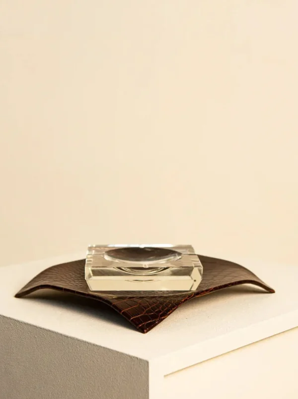 The Oblist Ashtray in Crystal and Brown Italian Crocodile Leather 80's | Desk Accessories | Ashtray