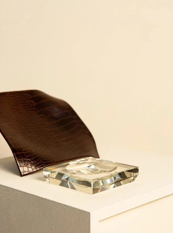 The Oblist Ashtray in Crystal and Brown Italian Crocodile Leather 80's | Desk Accessories | Ashtray