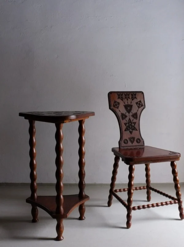 The Oblist Carved Wood Bobbin Chair and Table Set | Sweden | 1960s | Vintage Furniture | Chair