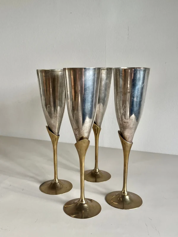 The Oblist Set of 4 Mid-Century Mixed Metal Flutes | Vintage Tableware | Glasses